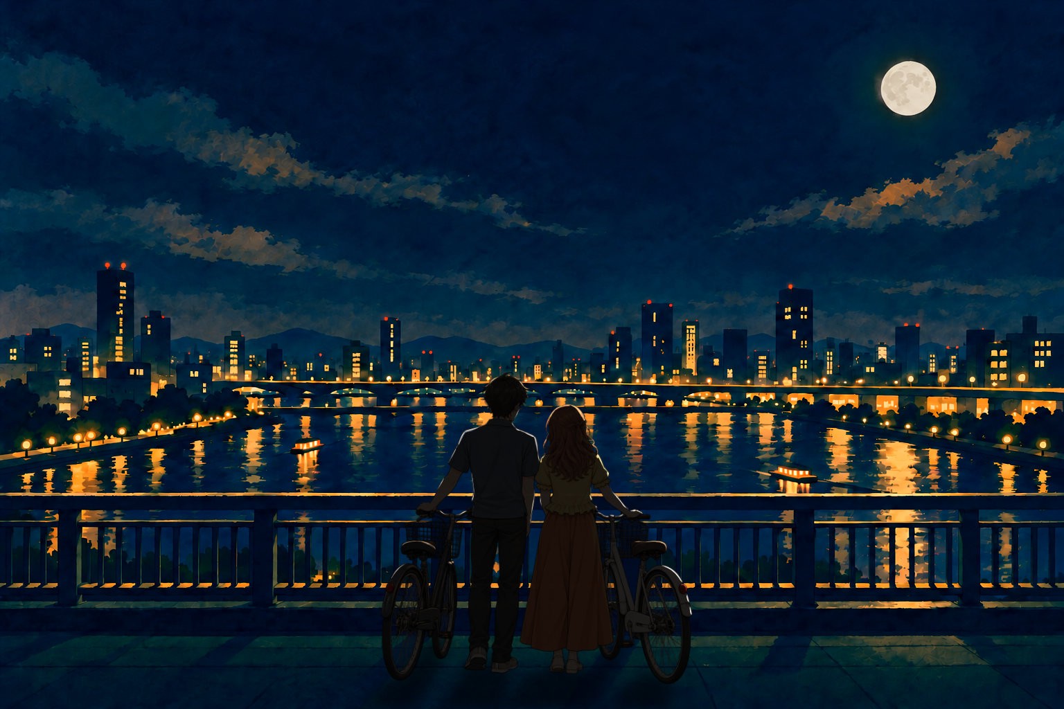 兩人牽著腳踏車，站在橋上看夜景的背影